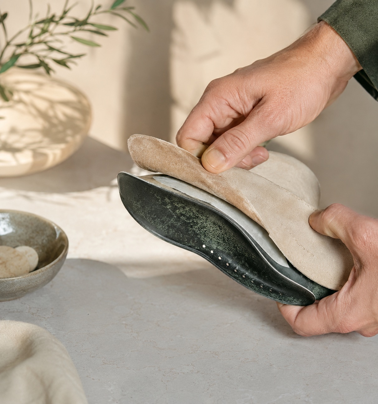 A worn top cover being lifted away from an intact orthotic shell