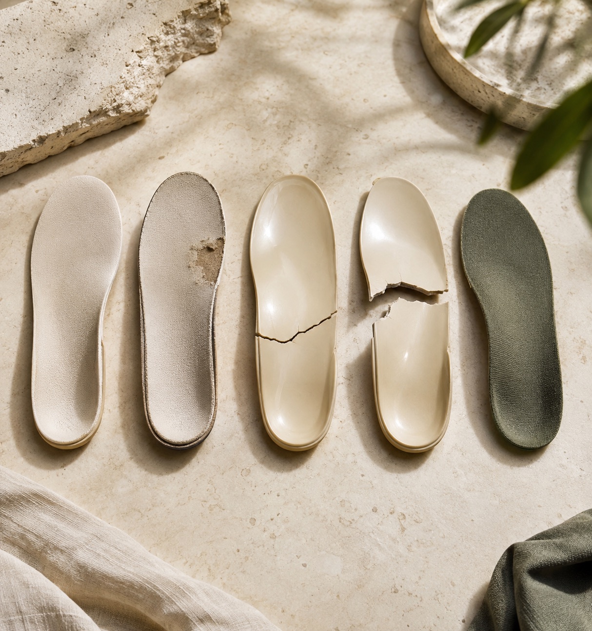Several custom orthotics arranged to show a range of wear conditions