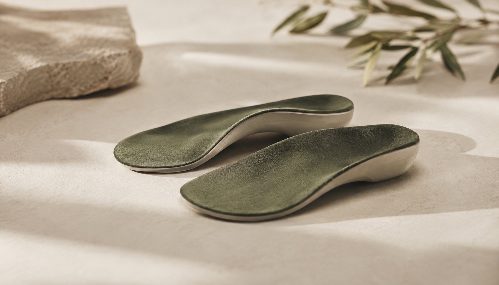 A refurbished pair of custom orthotics on a warm neutral surface
