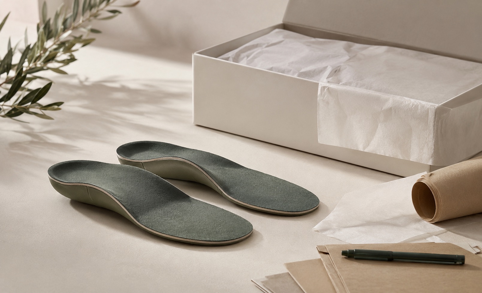 A pair of orthotics beside packaging materials