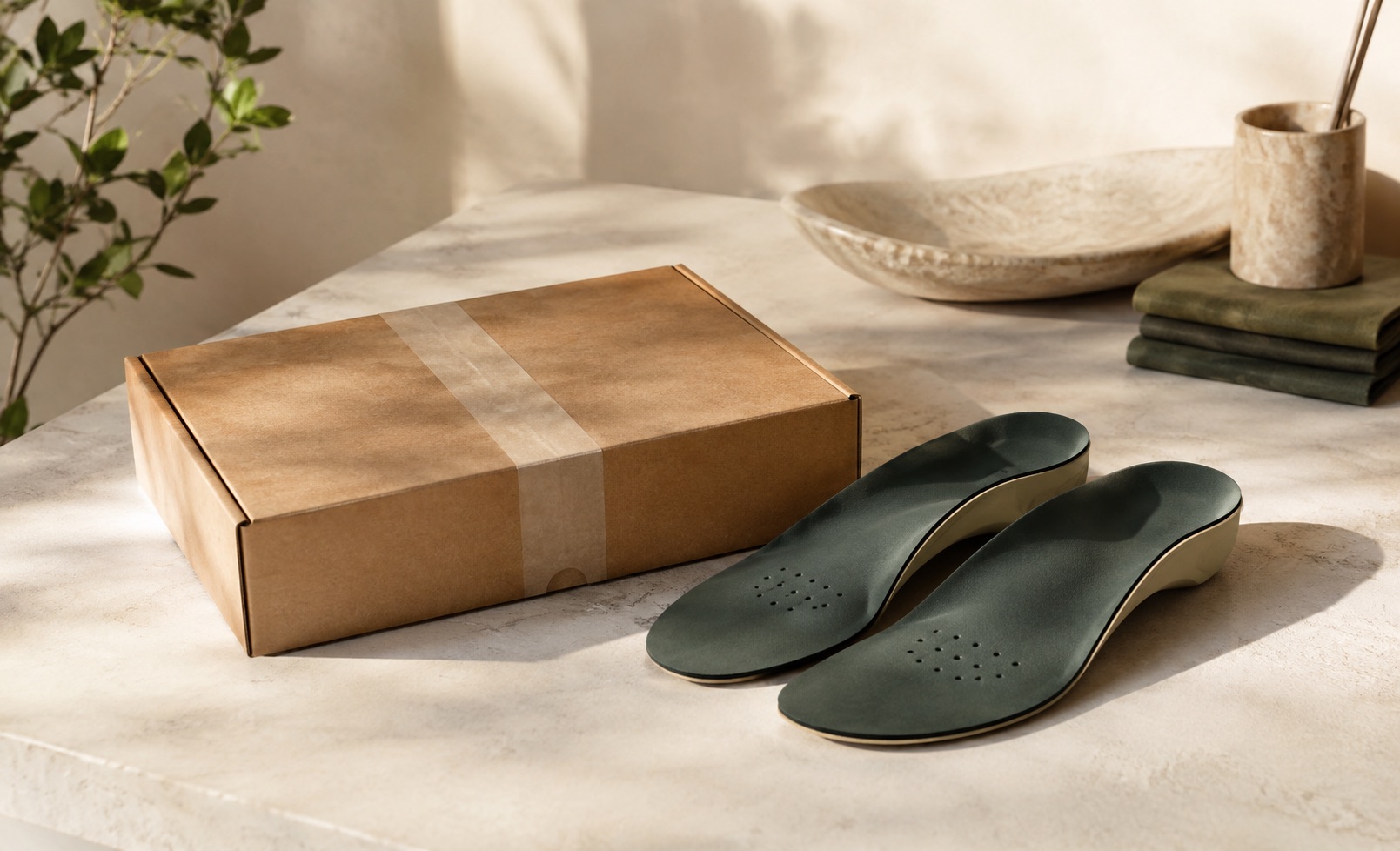 A sealed parcel beside a pair of orthotics